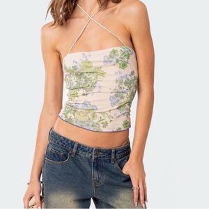 Edikted Floral Print Tank Top - Cream and Green